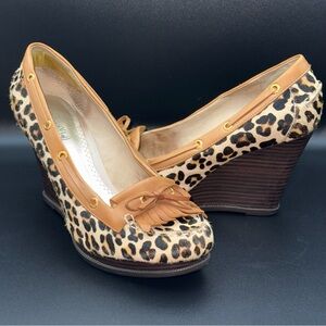 Sperry Sz 9M Leopard Calf Hair Brown Leather Wedge Loafer Boat Shoe Kiltie
